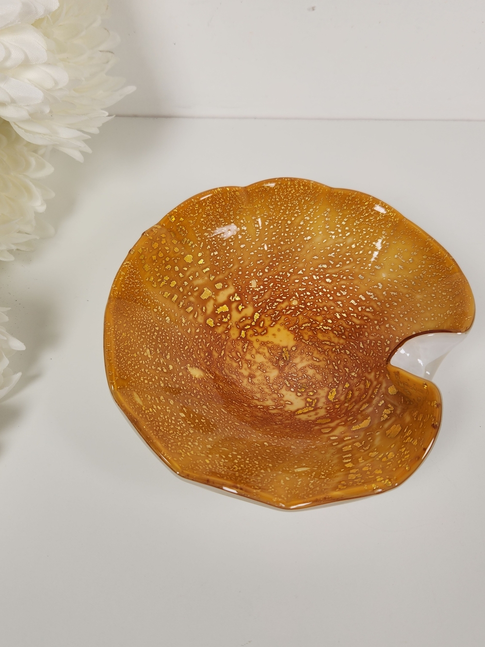 Murano-Style Gold Glass Art Bowl w/ Metallic Gold Accents | Mid Century Glass